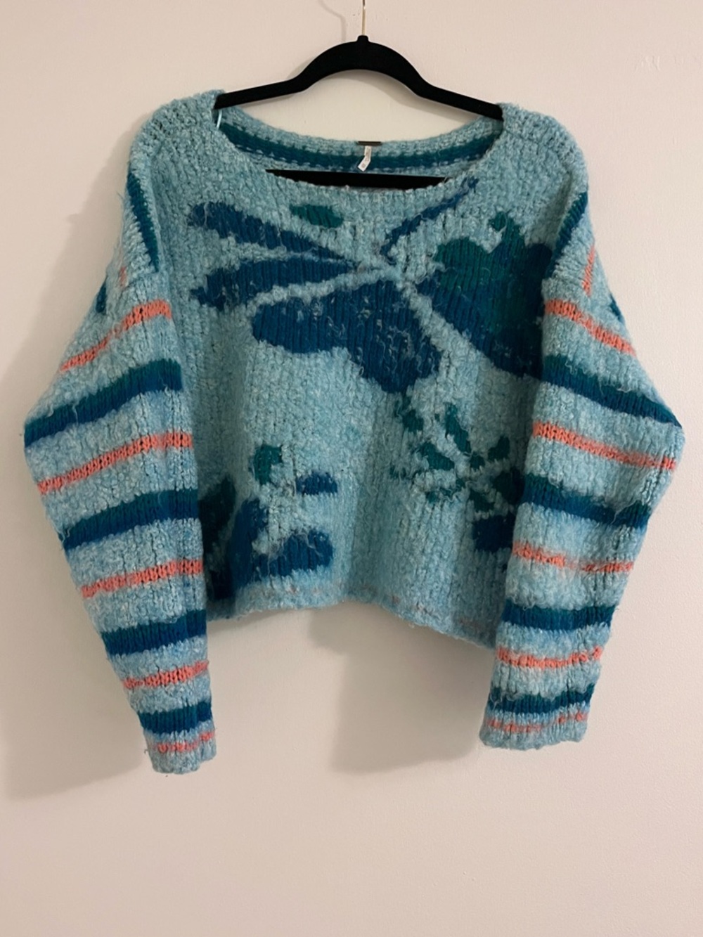Free People Women's XS Chunky Knit Cropped Floral Striped Pullover Sweater Blue